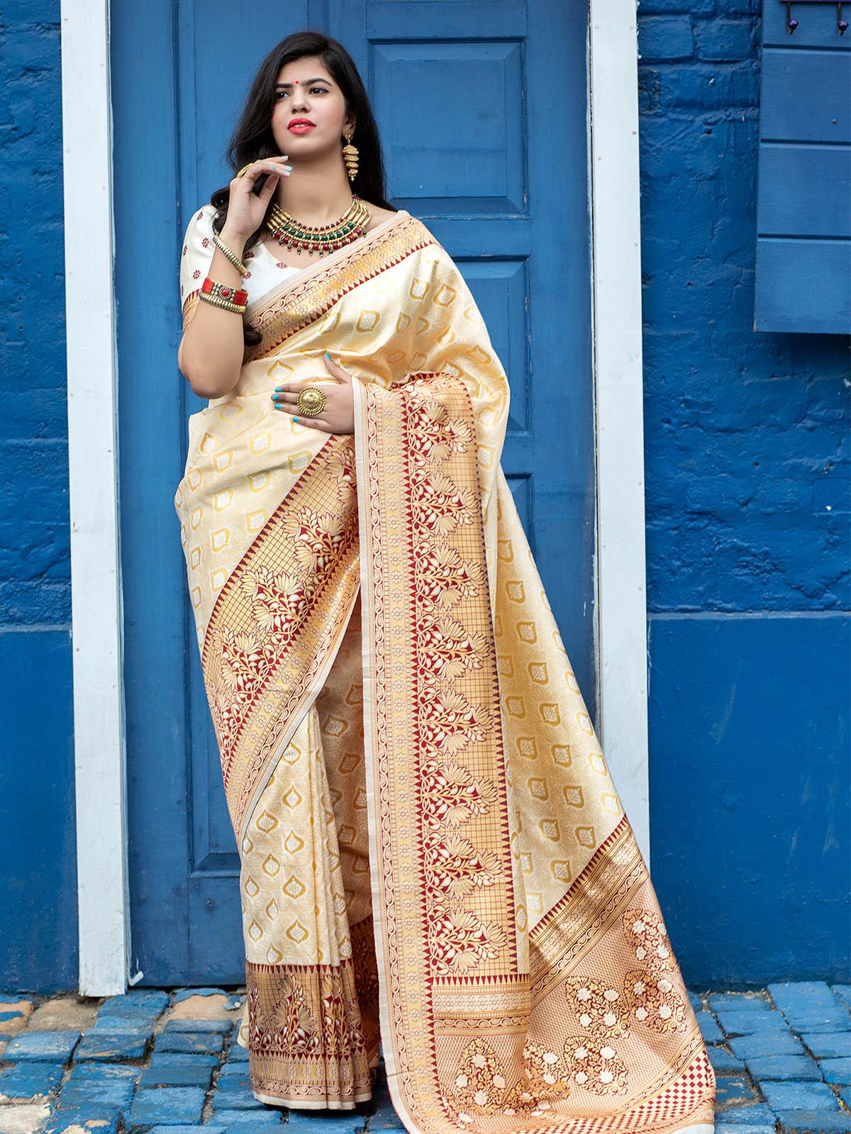 Designer Off White Banarasi Silk Saree - Rajwada