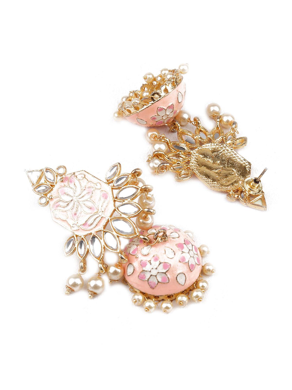 DESIGNER PEACH AND GOLD DANGLER JHUMKI EARRINGS - Rajwada