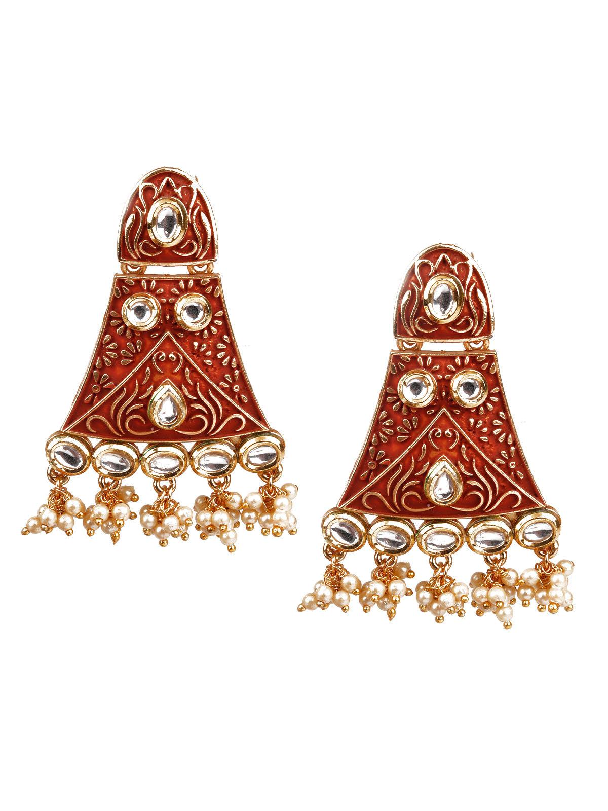 DESIGNER RED AND GOLD DANGLE EARRINGS FOR WOMEN - Rajwada