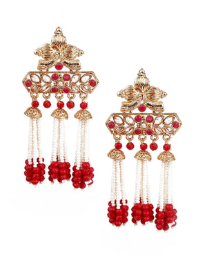 DESIGNER RED AND GOLD DANGLE EARRINGS - Rajwada
