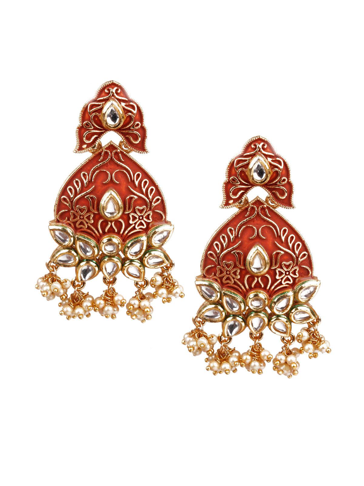 DESIGNER RED AND GOLD DANGLE EARRINGS - Rajwada