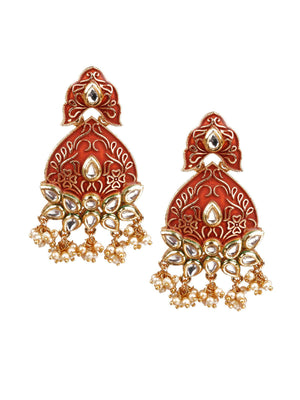 DESIGNER RED AND GOLD DANGLE EARRINGS - Rajwada