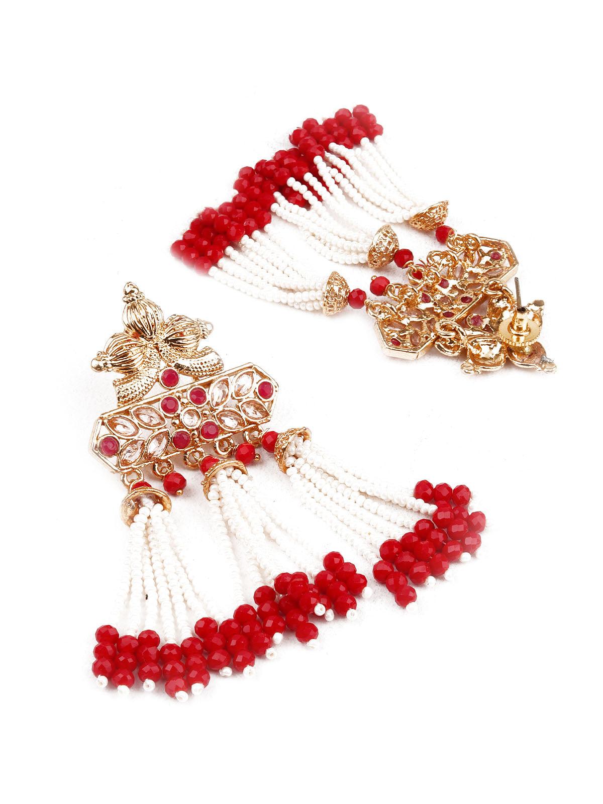 DESIGNER RED AND GOLD DANGLE EARRINGS - Rajwada