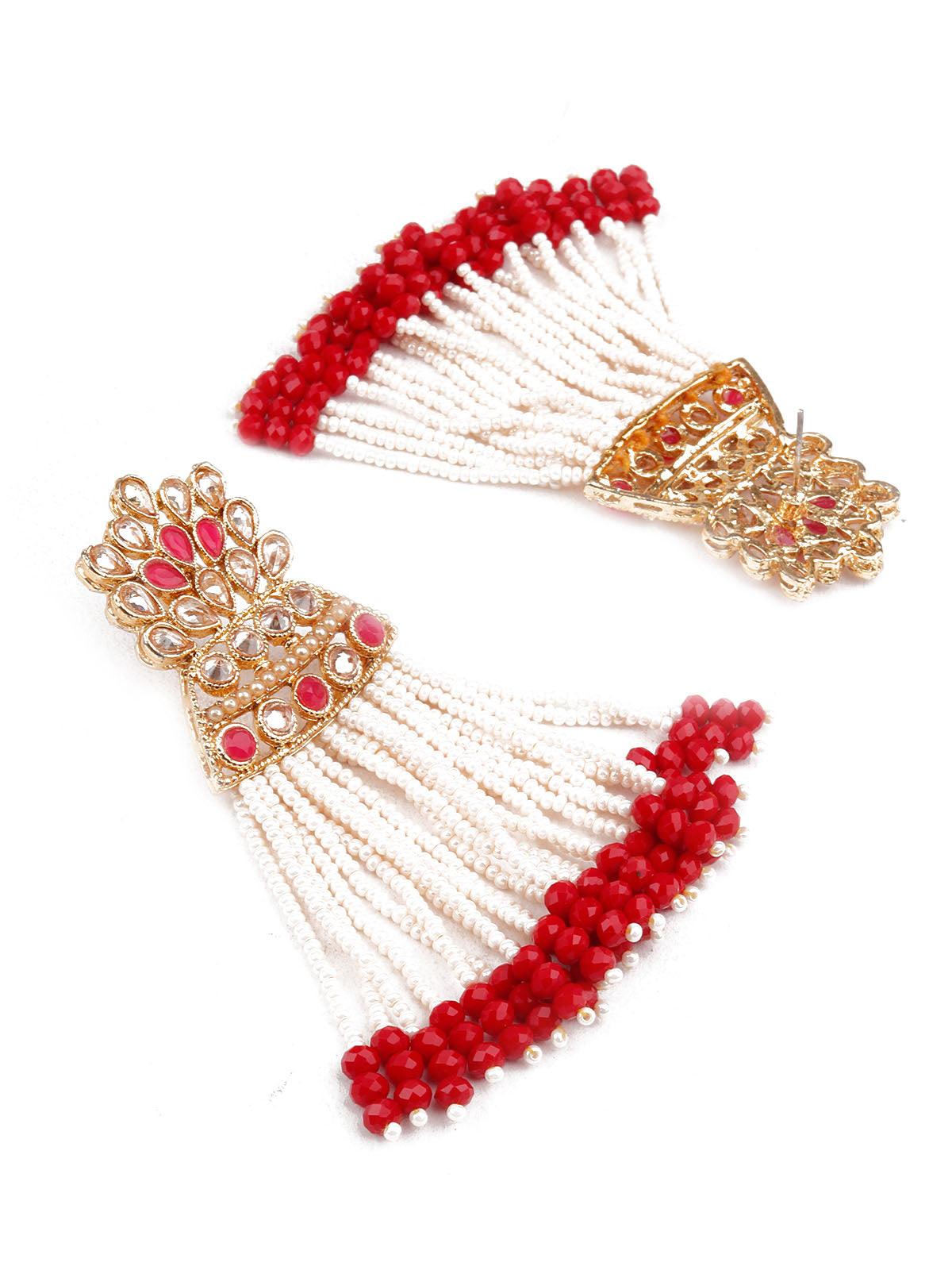 DESIGNER RED AND GOLD DANGLE EARRINGS - Rajwada