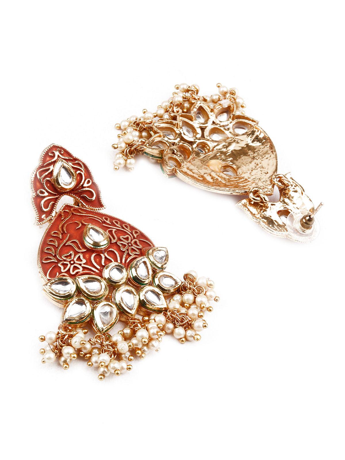 DESIGNER RED AND GOLD DANGLE EARRINGS - Rajwada