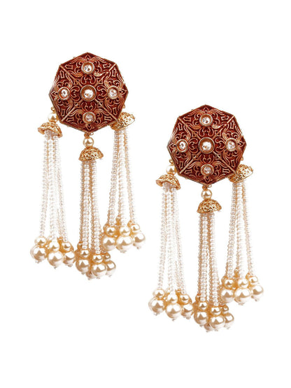 DESIGNER RED AND GOLD TASSELED DANGLE EARRINGS - Rajwada