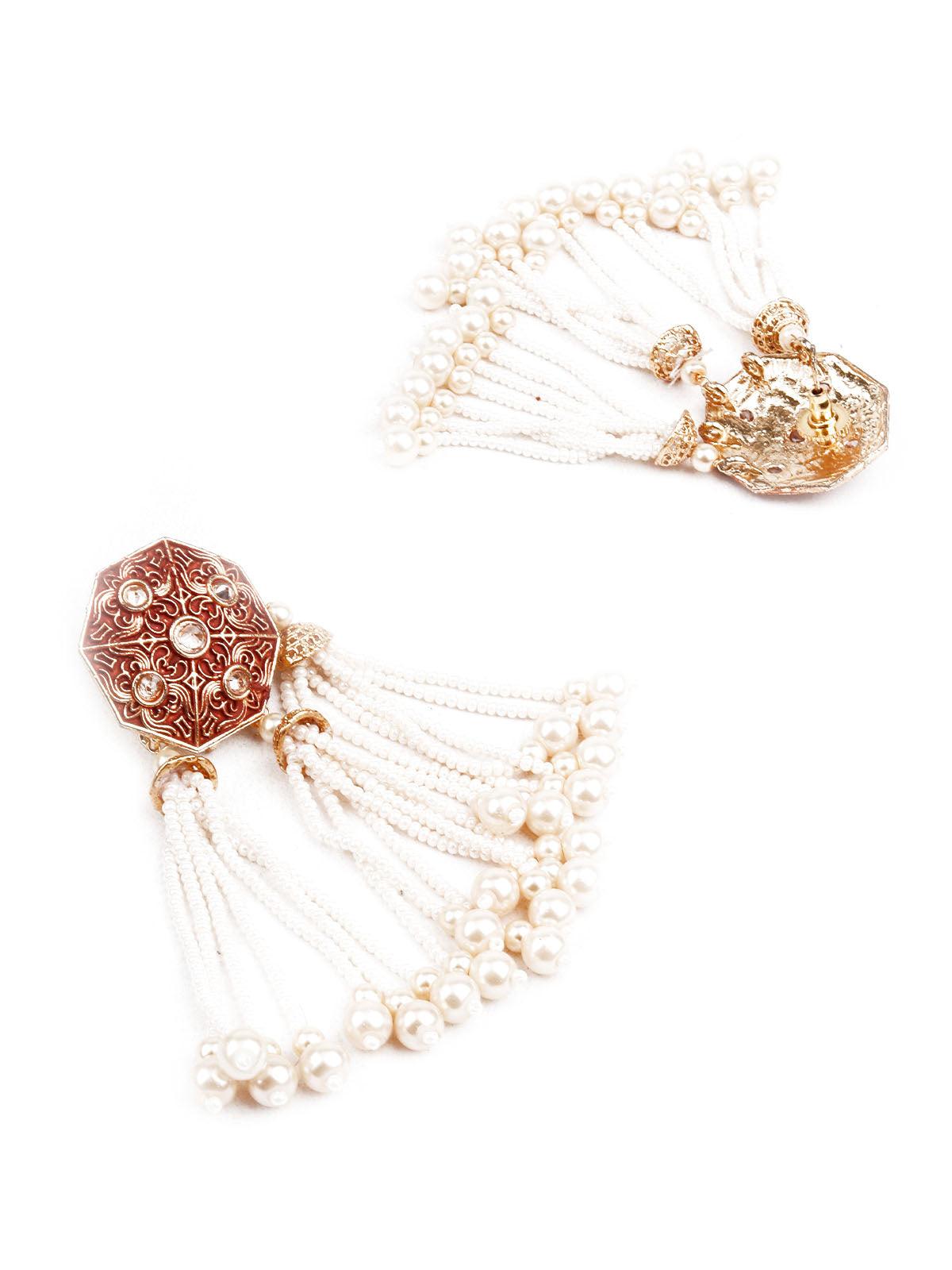 DESIGNER RED AND GOLD TASSELED DANGLE EARRINGS - Rajwada
