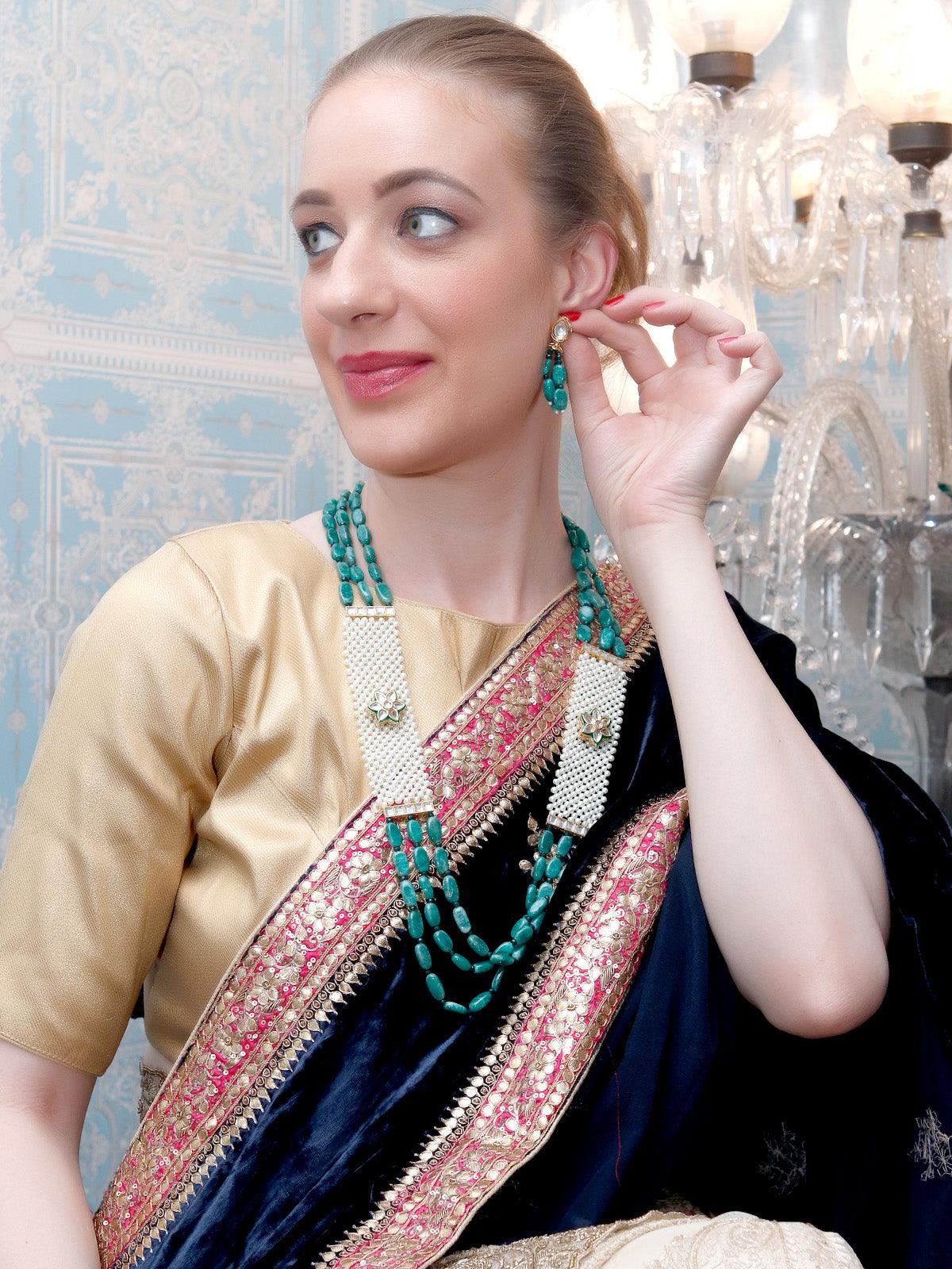DESIGNER STONES AND KUNDAN NECKLACE SET - Rajwada
