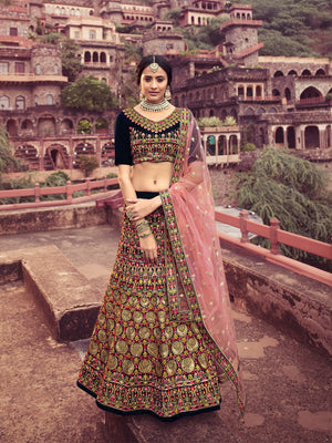 Rajwada Women Navy Blue Thread With Mutli Sequins Work Semi Stitched Lehenga With Unstitched Blouse