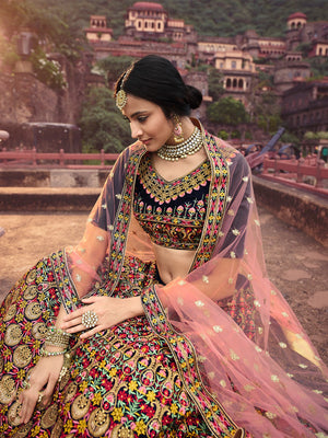 Rajwada Women Navy Blue Thread With Mutli Sequins Work Semi Stitched Lehenga With Unstitched Blouse