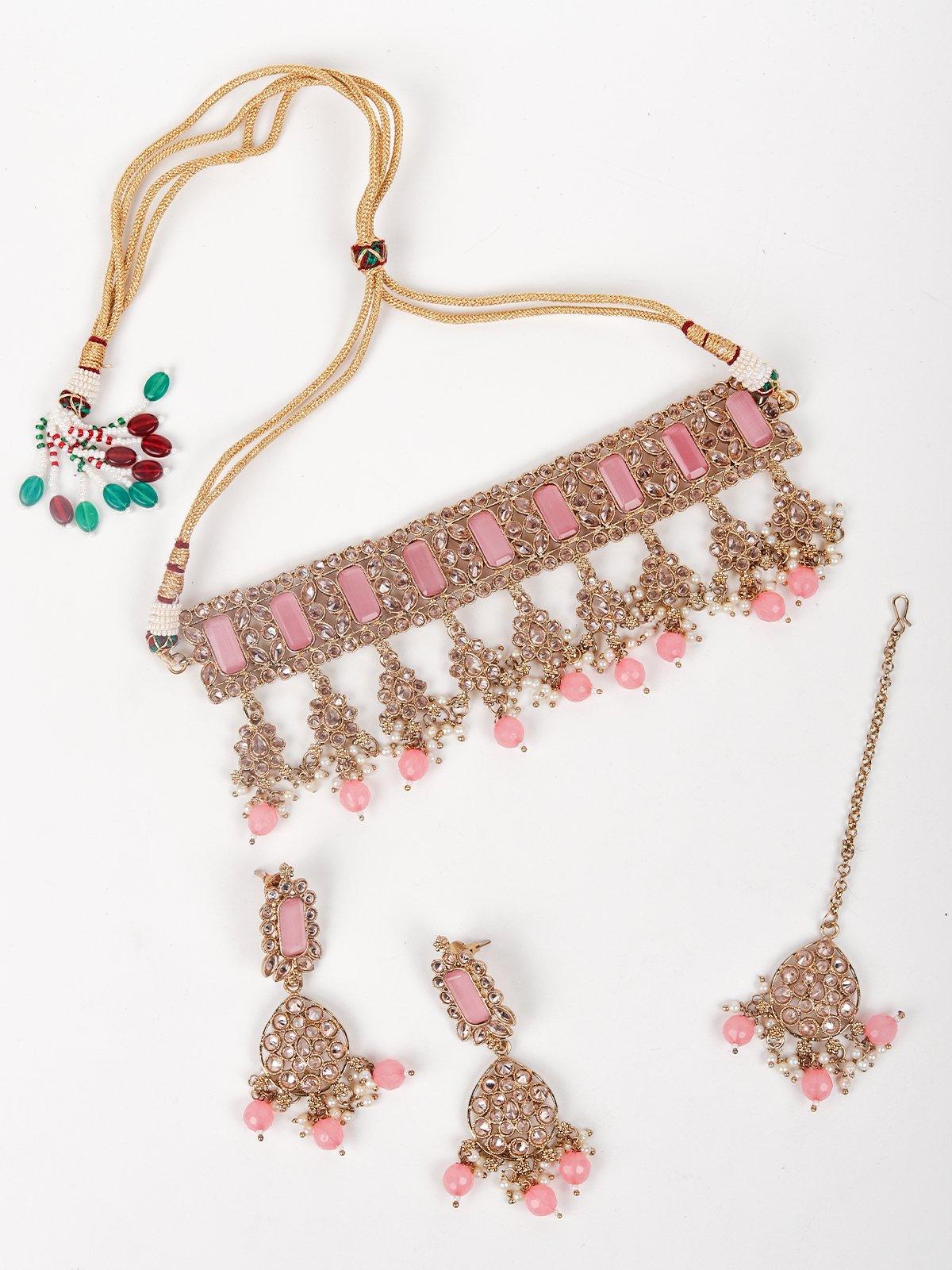 Dust Pink And Gold-Tone Kundan Work Choker Set - Rajwada