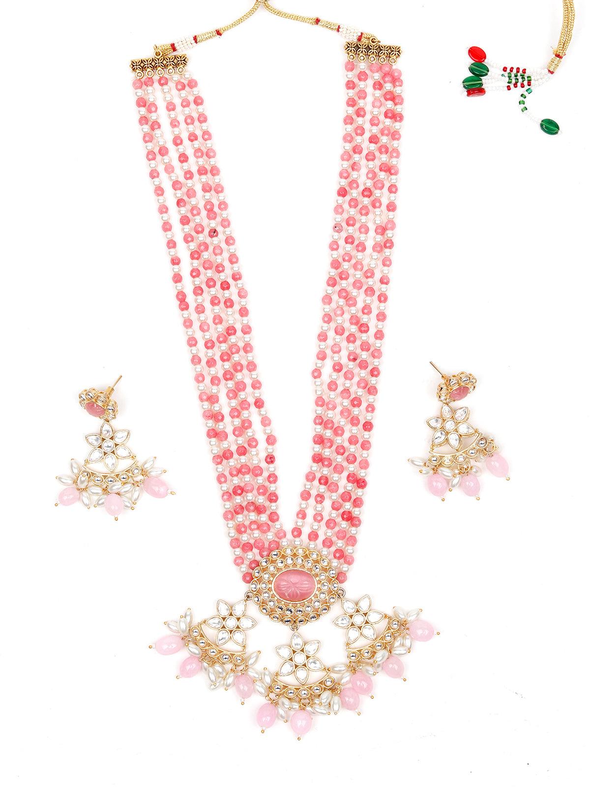 Elegant Pink And White Beaded Necklace Set - Rajwada