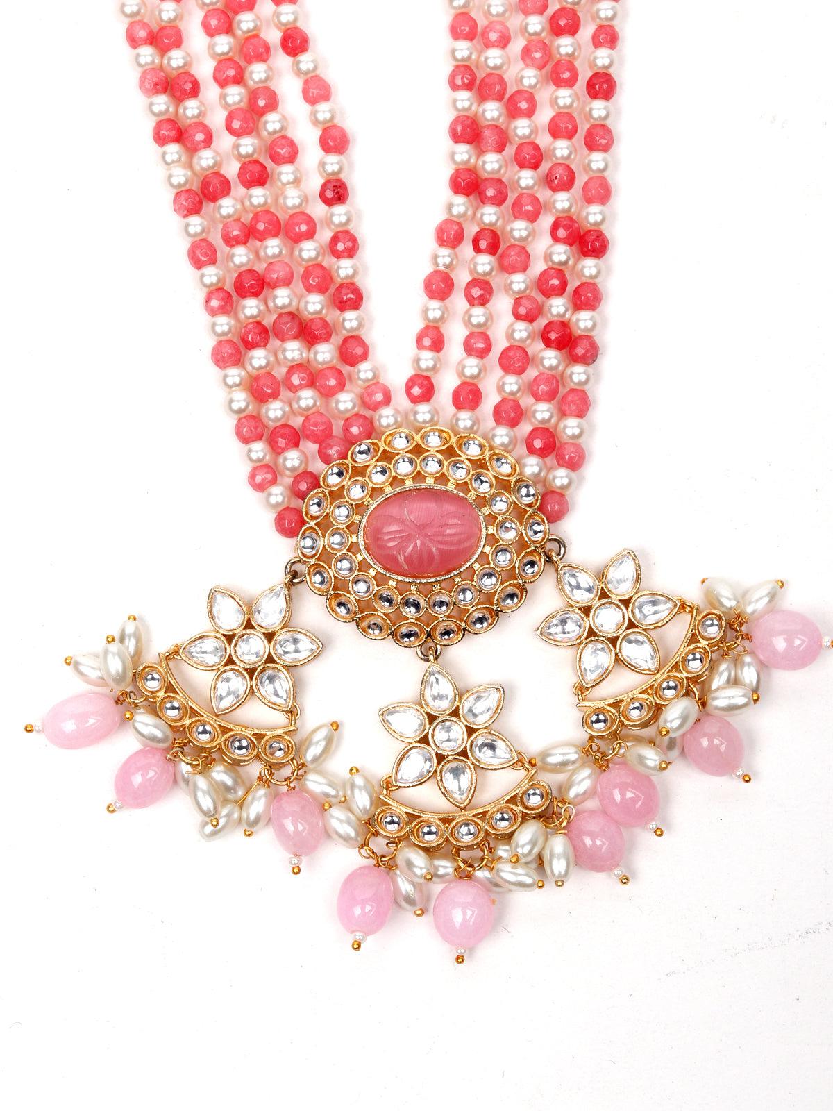 Elegant Pink And White Beaded Necklace Set - Rajwada
