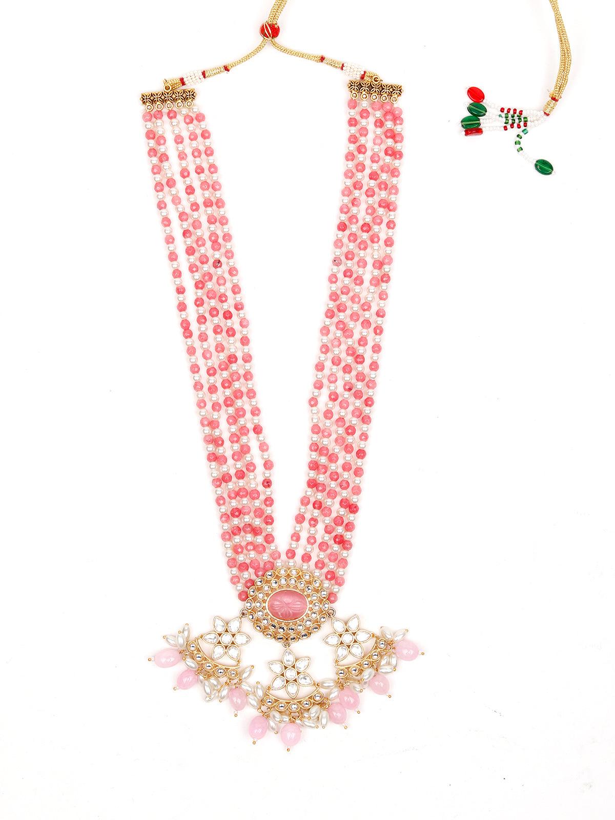 Elegant Pink And White Beaded Necklace Set - Rajwada