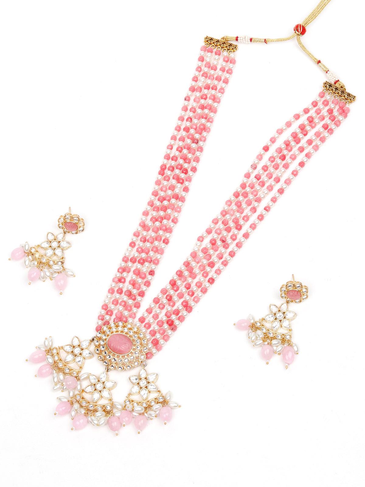 Elegant Pink And White Beaded Necklace Set - Rajwada