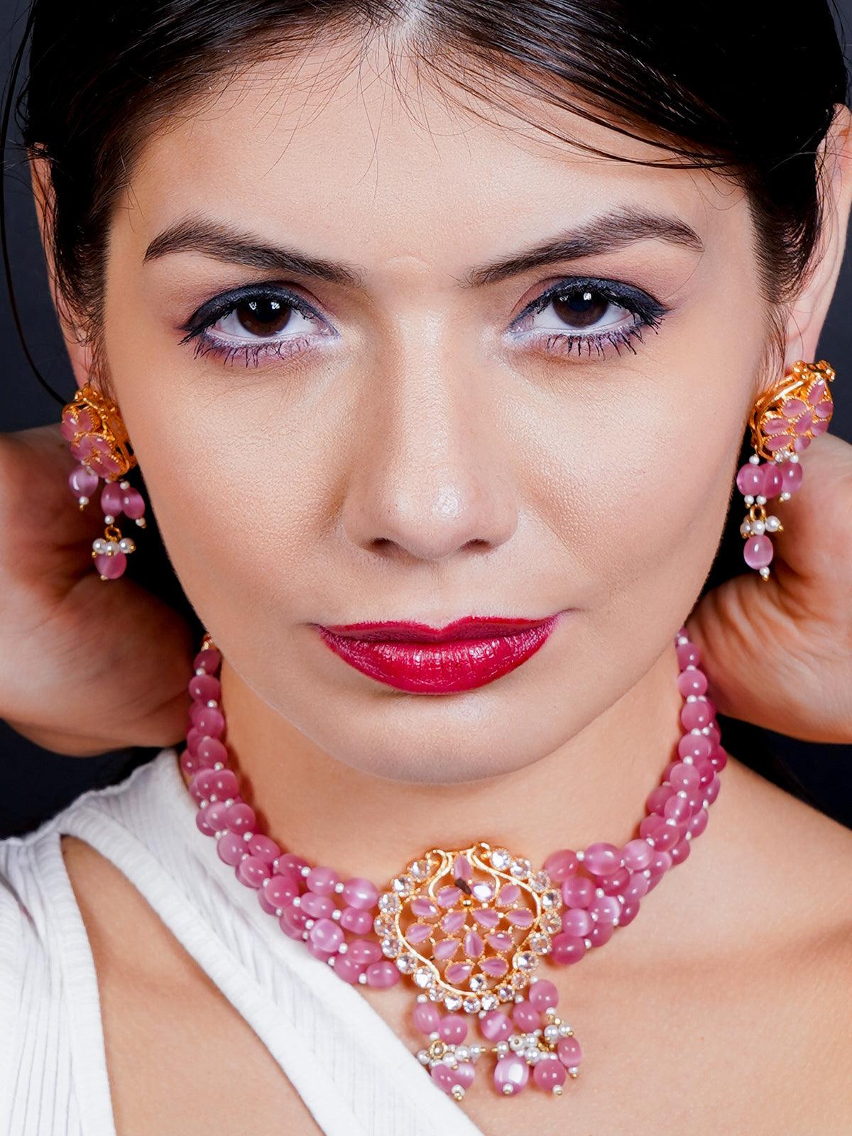 Elegant Pink Mani Choker with Earrings - Rajwada