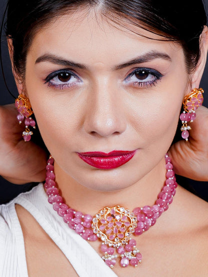 Elegant Pink Mani Choker with Earrings - Rajwada