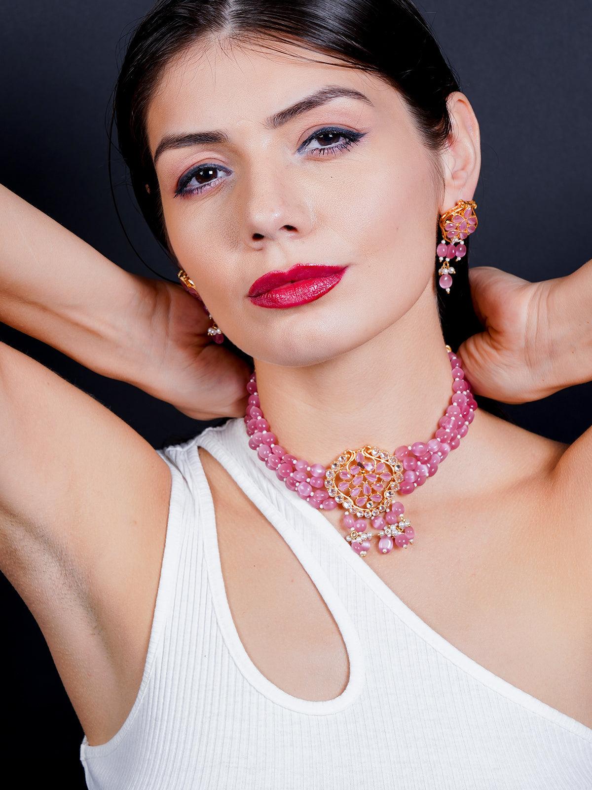 Elegant Pink Mani Choker with Earrings - Rajwada