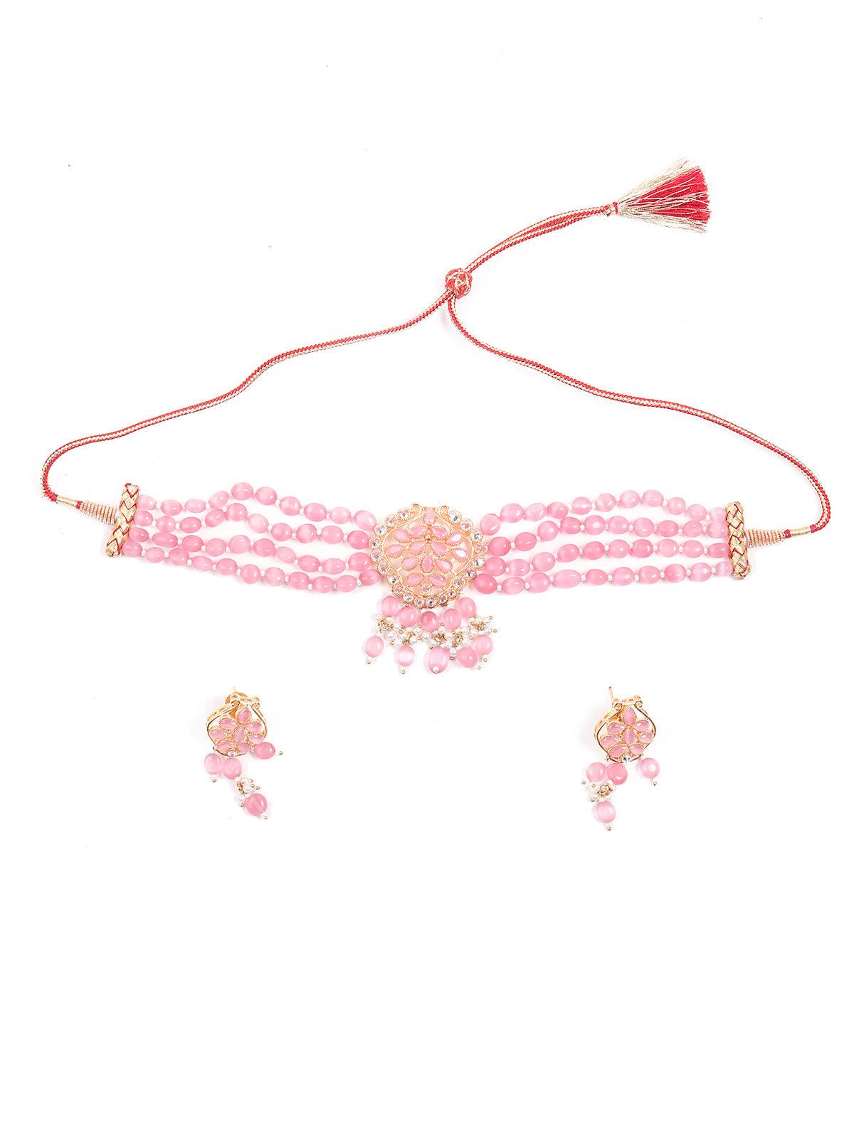 Elegant Pink Mani Choker with Earrings - Rajwada