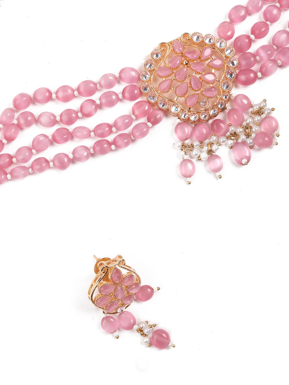 Elegant Pink Mani Choker with Earrings - Rajwada