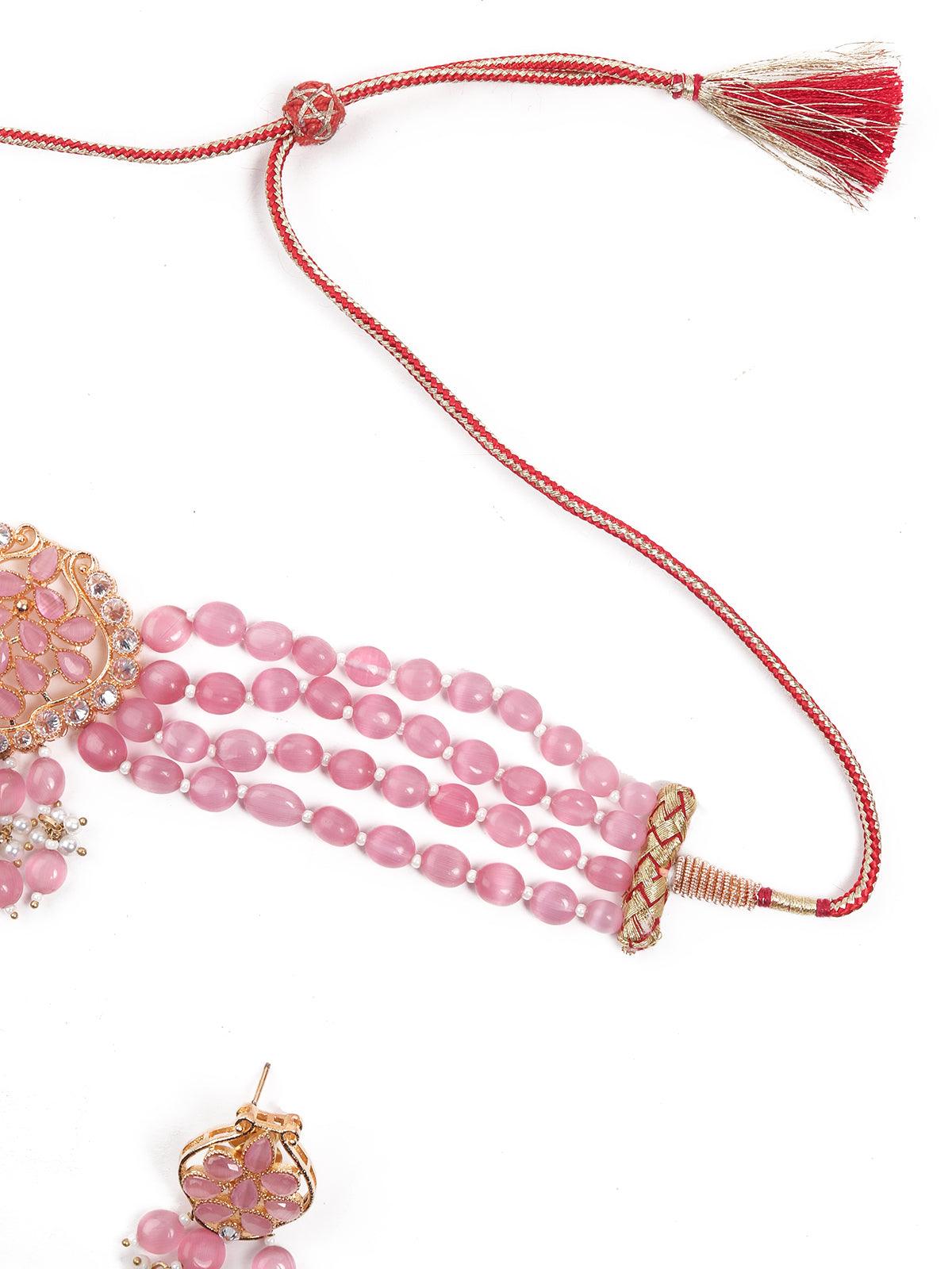 Elegant Pink Mani Choker with Earrings - Rajwada