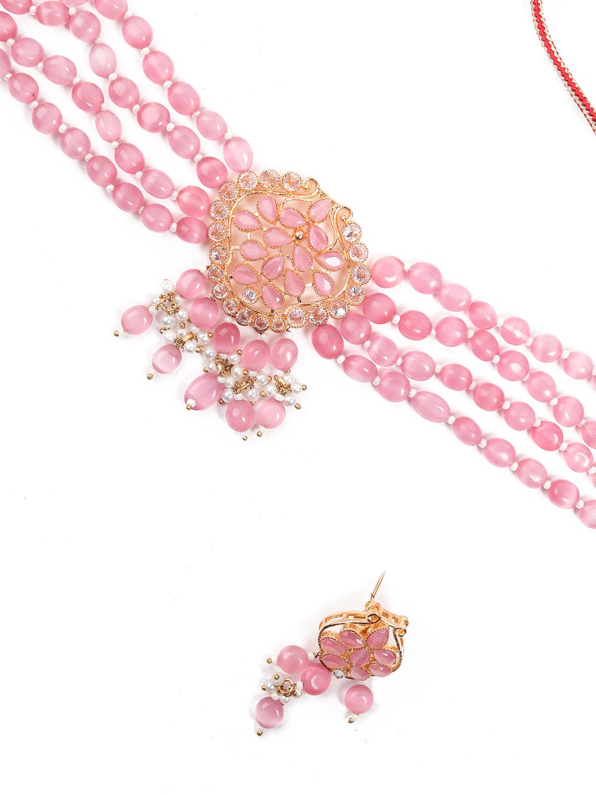 Elegant Pink Mani Choker with Earrings - Rajwada