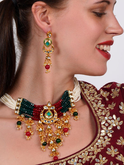 Elegant red-green crystal, pearl, & kundan choker with earrings! - Rajwada