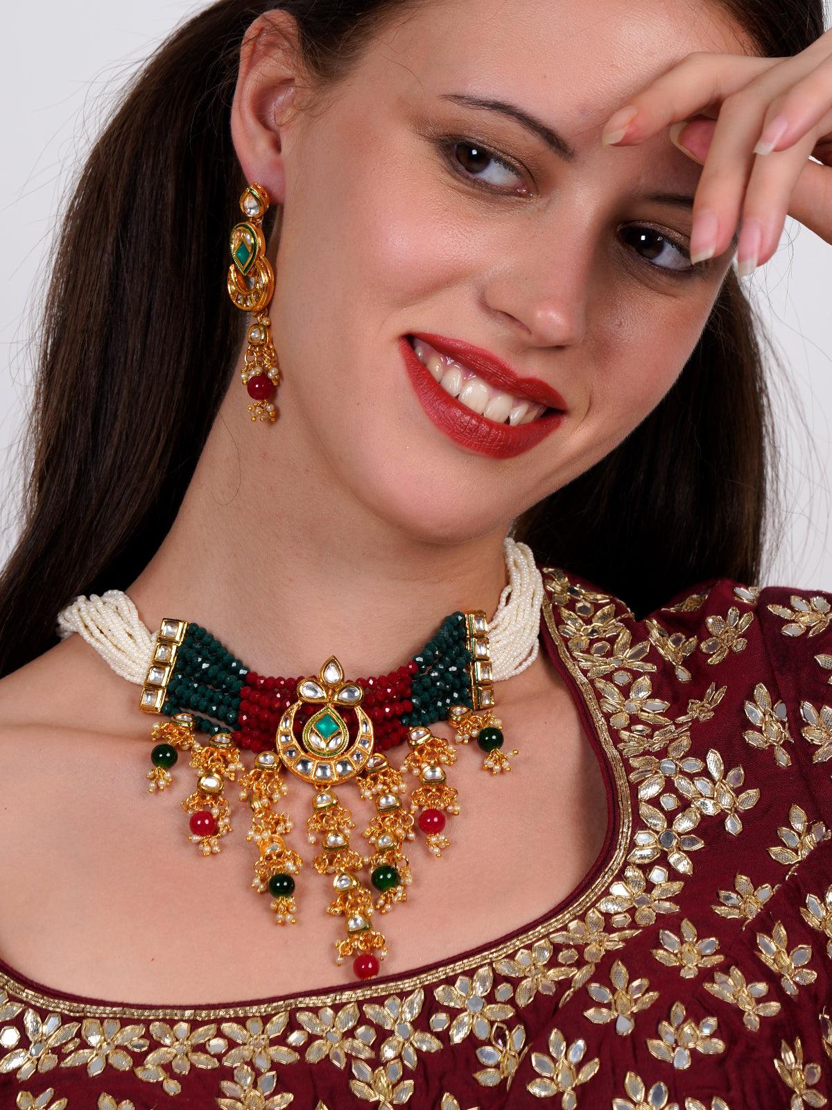 Elegant red-green crystal, pearl, & kundan choker with earrings! - Rajwada