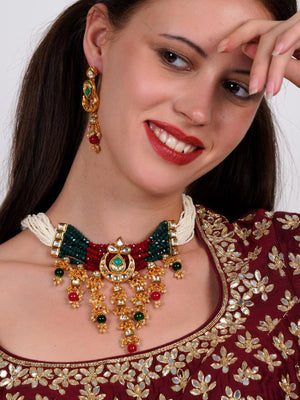 Elegant red-green crystal, pearl, & kundan choker with earrings! - Rajwada