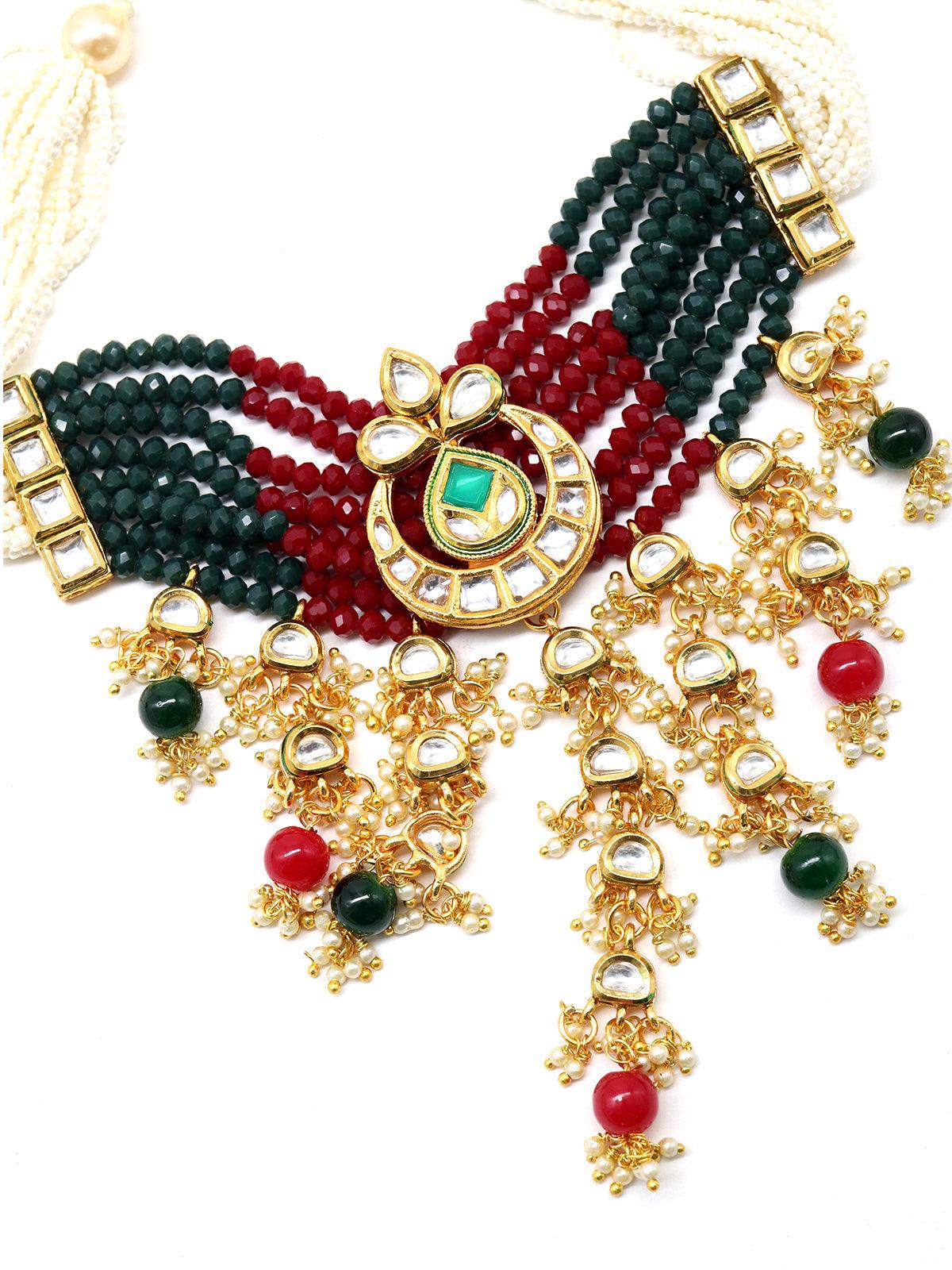 Elegant red-green crystal, pearl, & kundan choker with earrings! - Rajwada