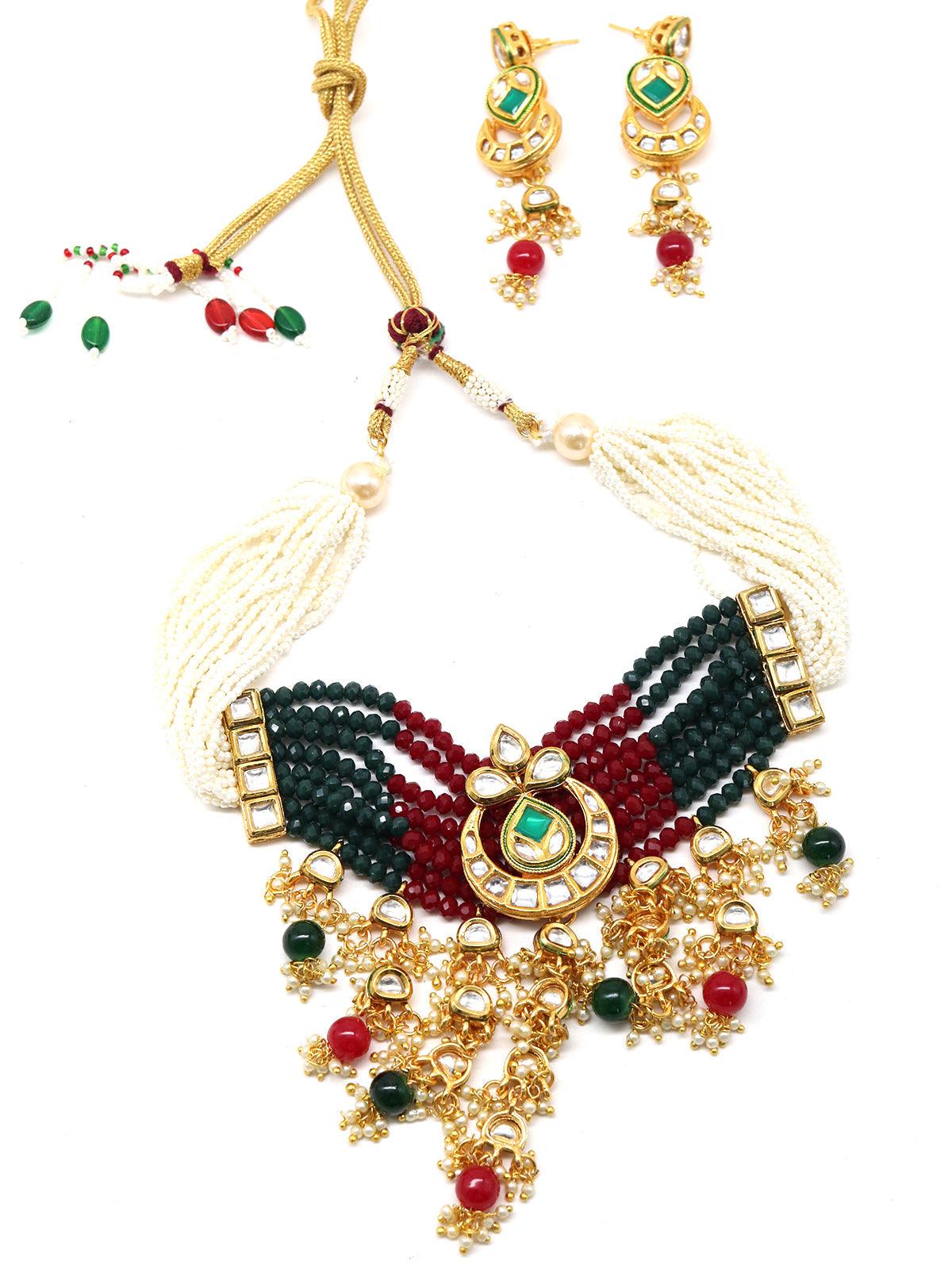 Elegant red-green crystal, pearl, & kundan choker with earrings! - Rajwada