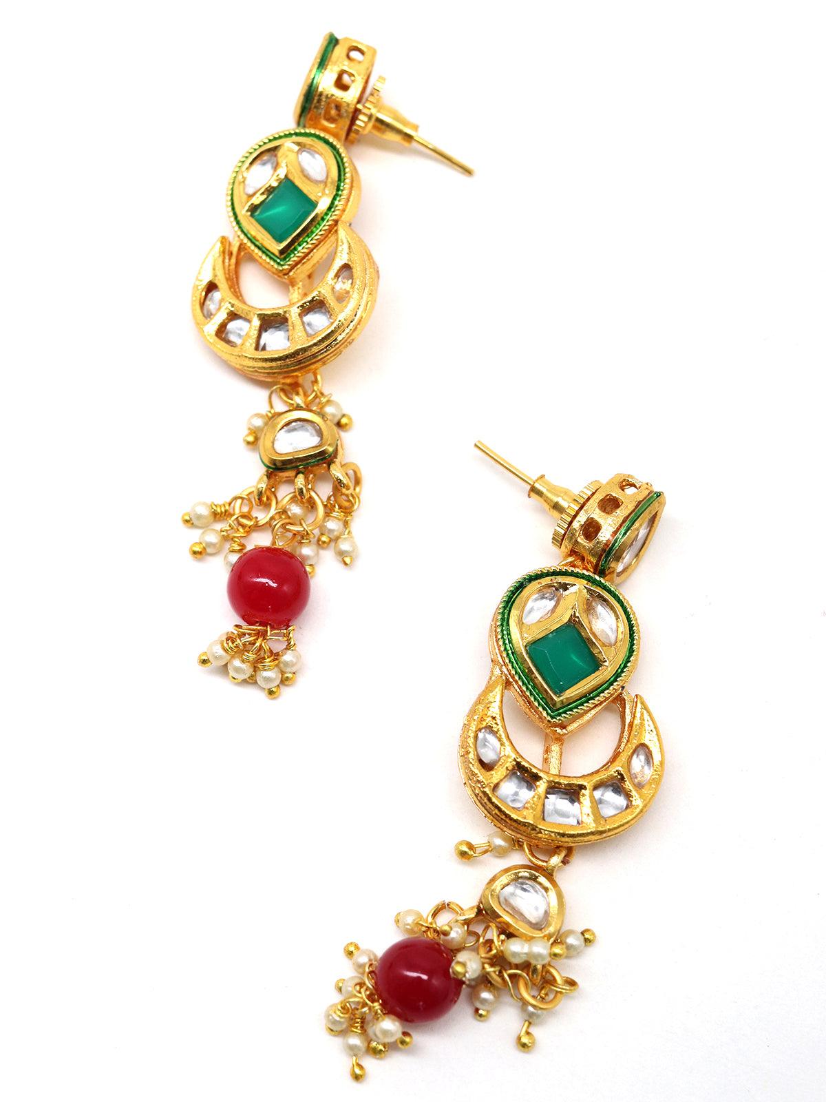 Elegant red-green crystal, pearl, & kundan choker with earrings! - Rajwada
