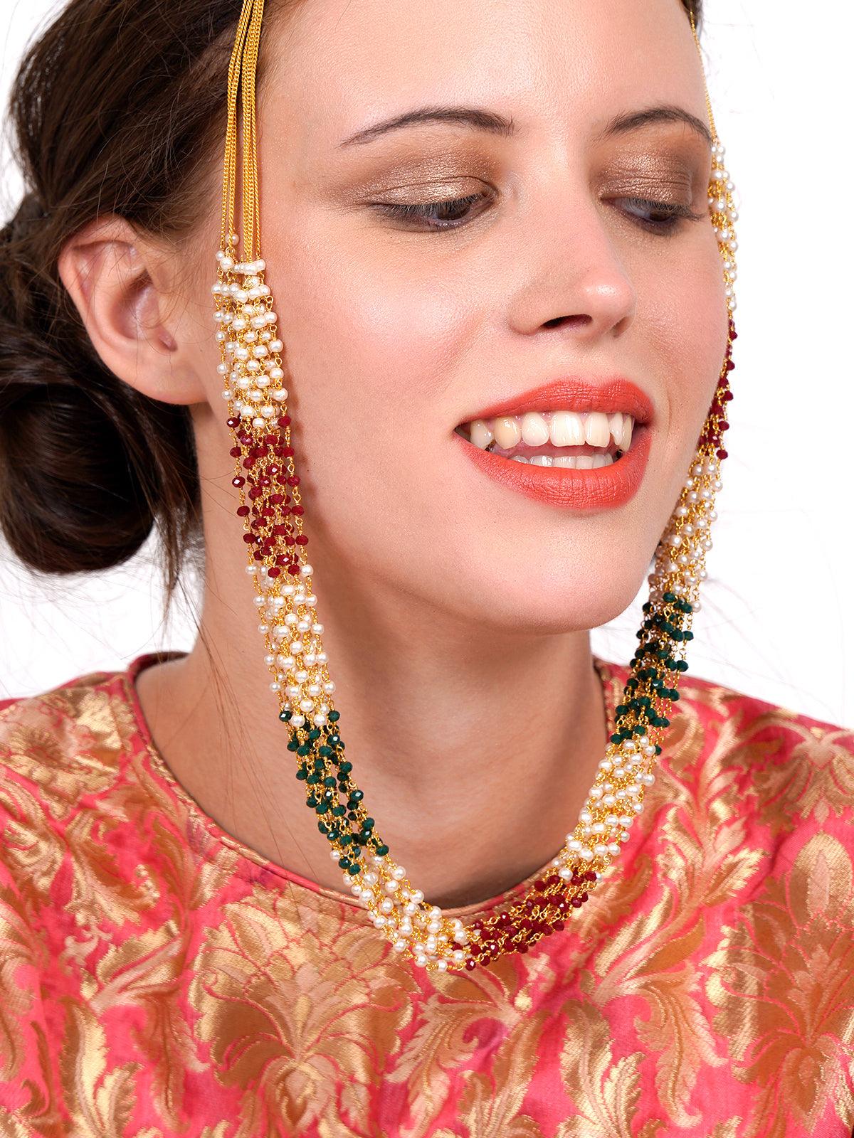 Elongated onyx and regular and pearl semi-precious necklace with earrings - Rajwada