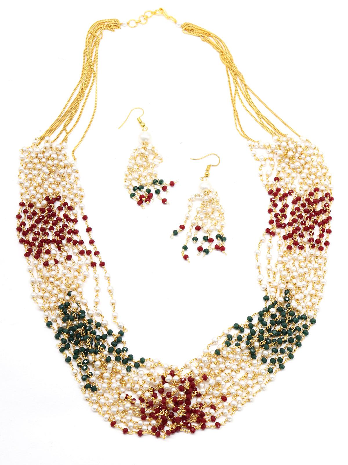 Elongated onyx and regular and pearl semi-precious necklace with earrings - Rajwada