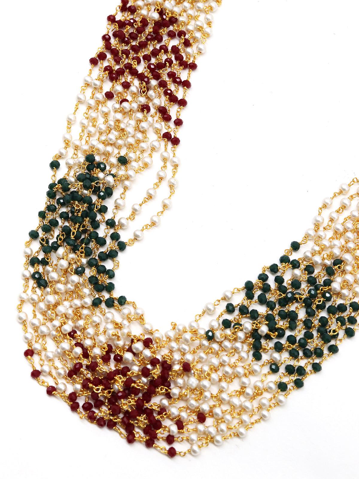 Elongated onyx and regular and pearl semi-precious necklace with earrings - Rajwada
