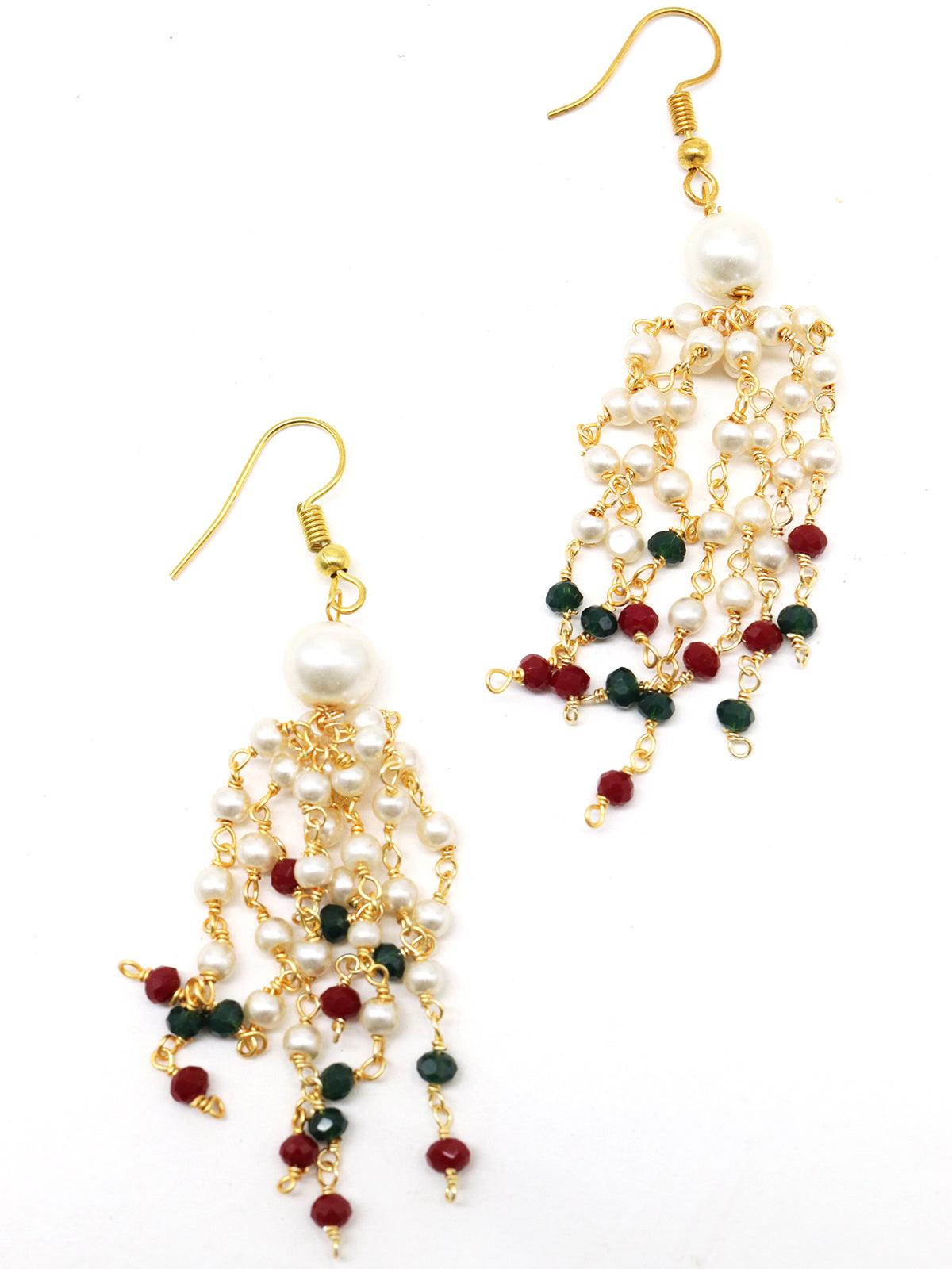 Elongated onyx and regular and pearl semi-precious necklace with earrings - Rajwada
