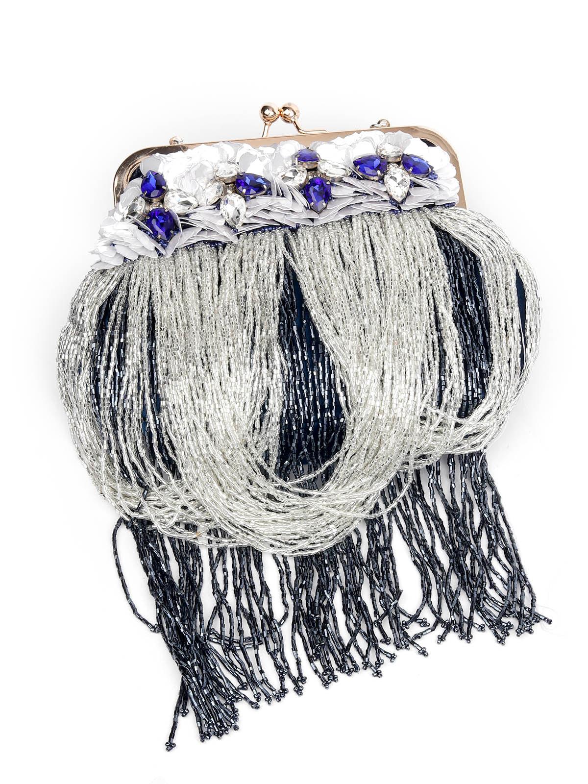 EMBELLISHED BLUE CLUTCH BAG WITH TASSELS - Rajwada