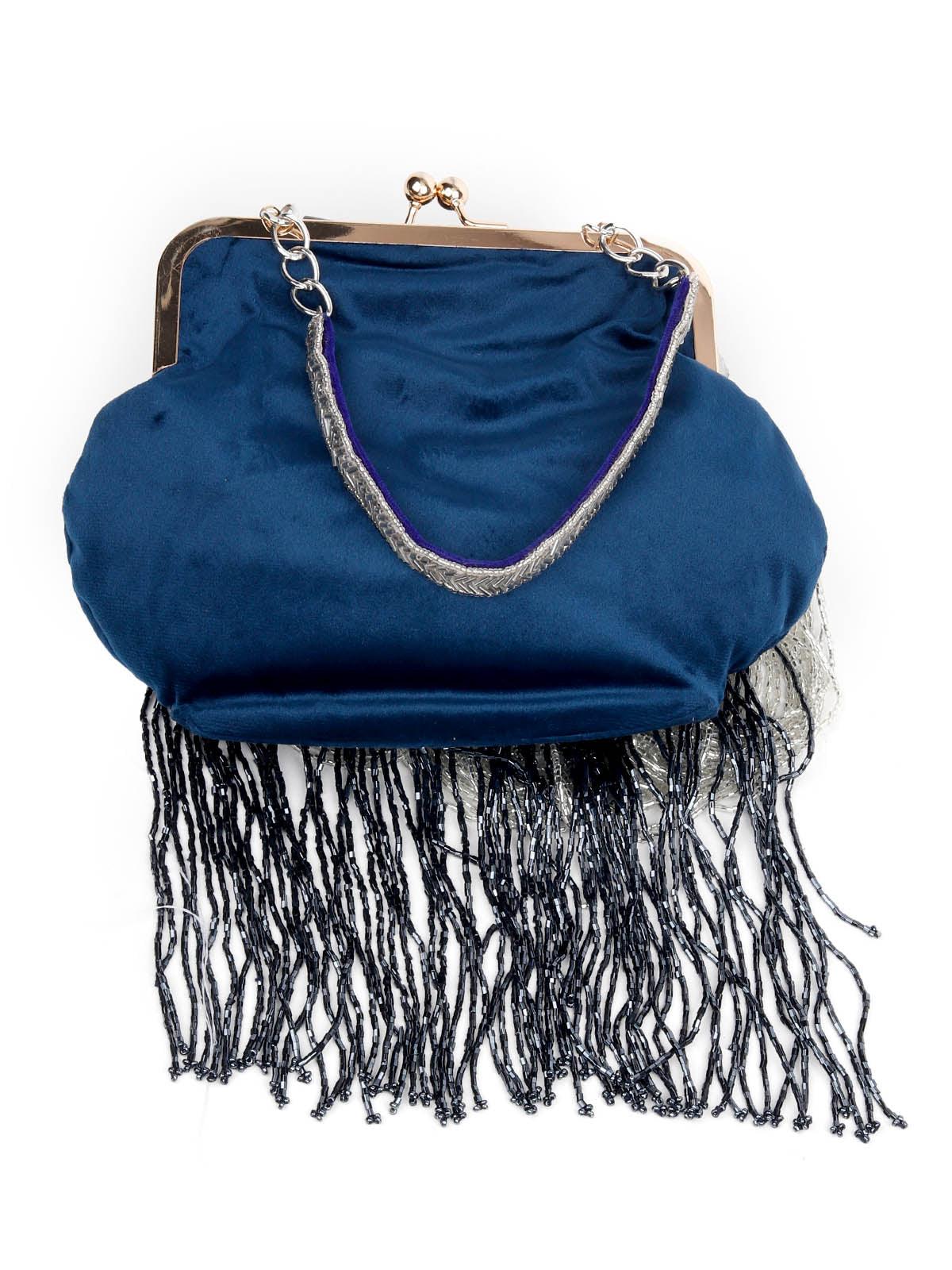 EMBELLISHED BLUE CLUTCH BAG WITH TASSELS - Rajwada