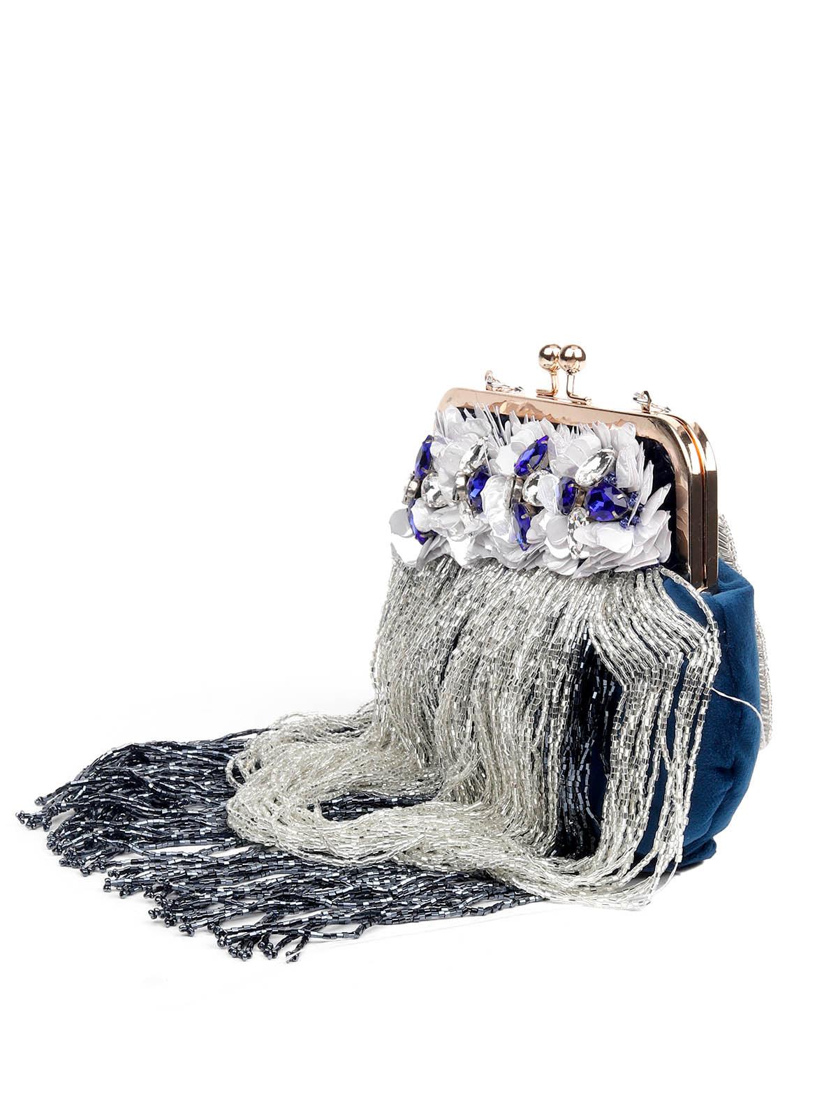 EMBELLISHED BLUE CLUTCH BAG WITH TASSELS - Rajwada