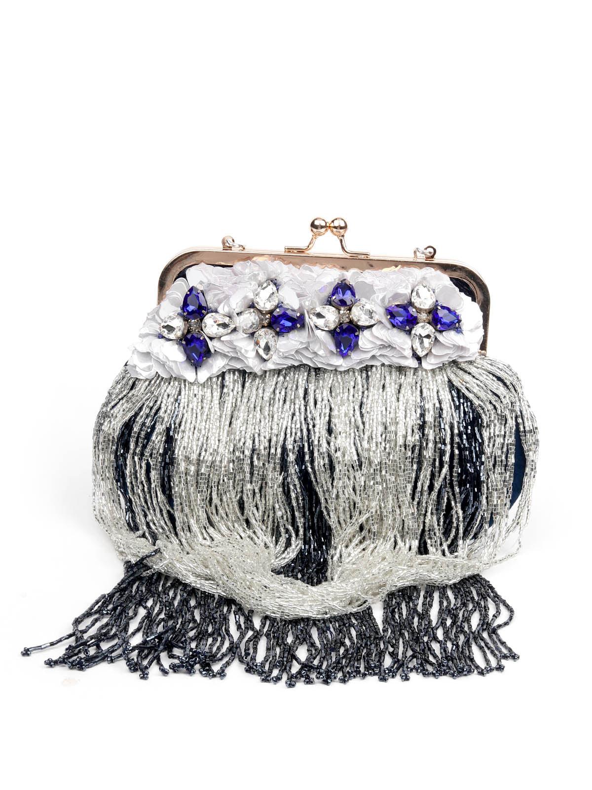 EMBELLISHED BLUE CLUTCH BAG WITH TASSELS - Rajwada