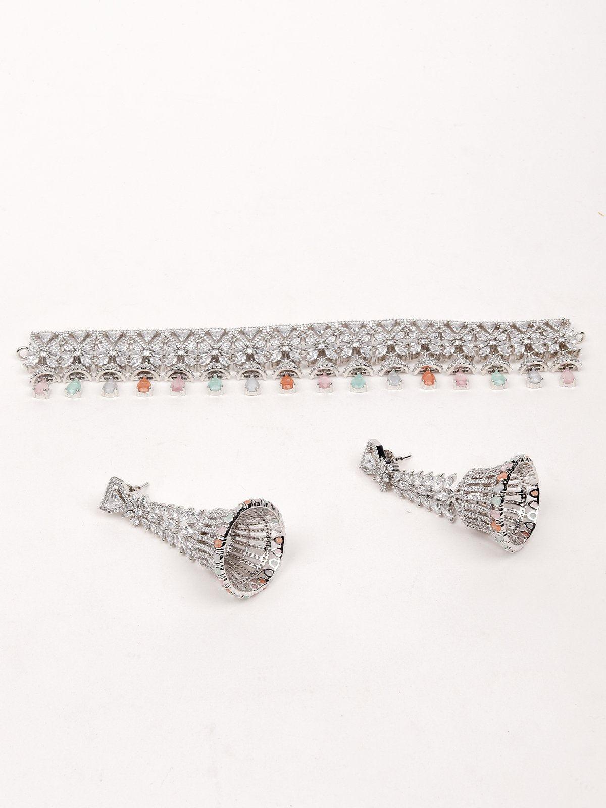 Embellished Silver-Plated Necklace With Earrings - Rajwada
