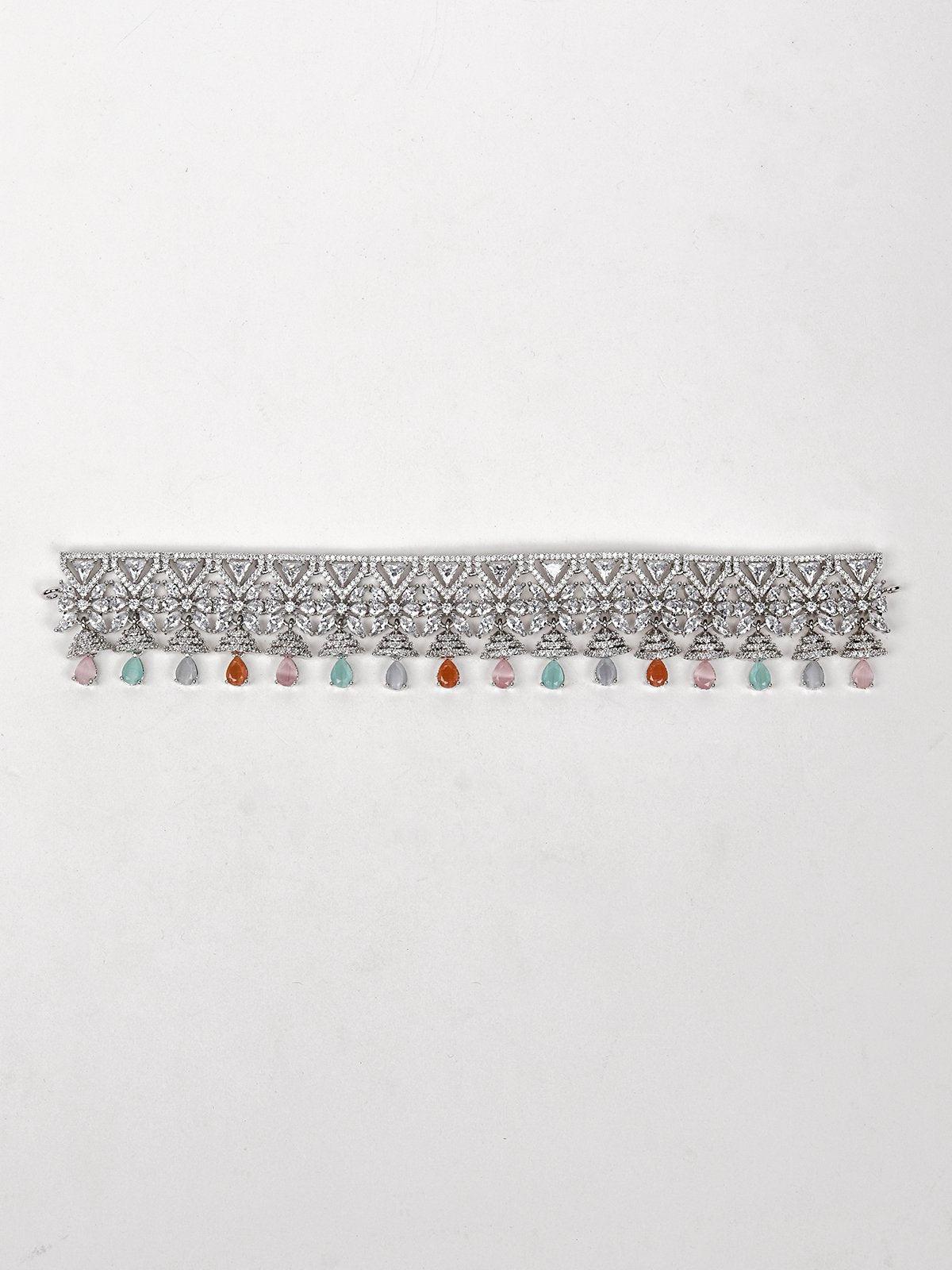 Embellished Silver-Plated Necklace With Earrings - Rajwada
