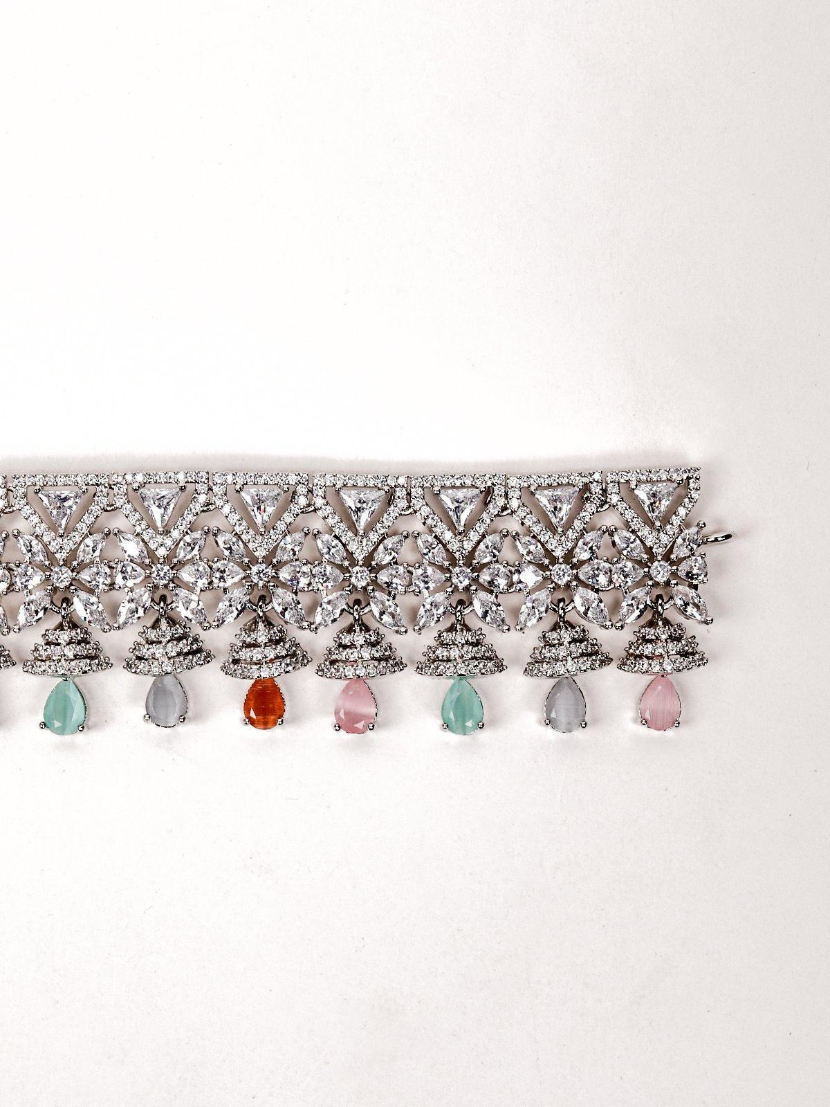 Embellished Silver-Plated Necklace With Earrings - Rajwada