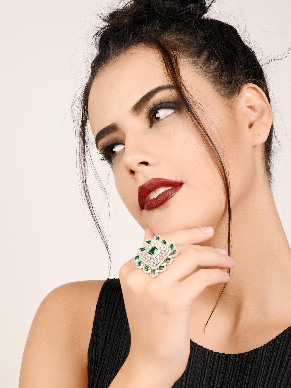 Emerald Crystalised Square Statement Ring - Rajwada