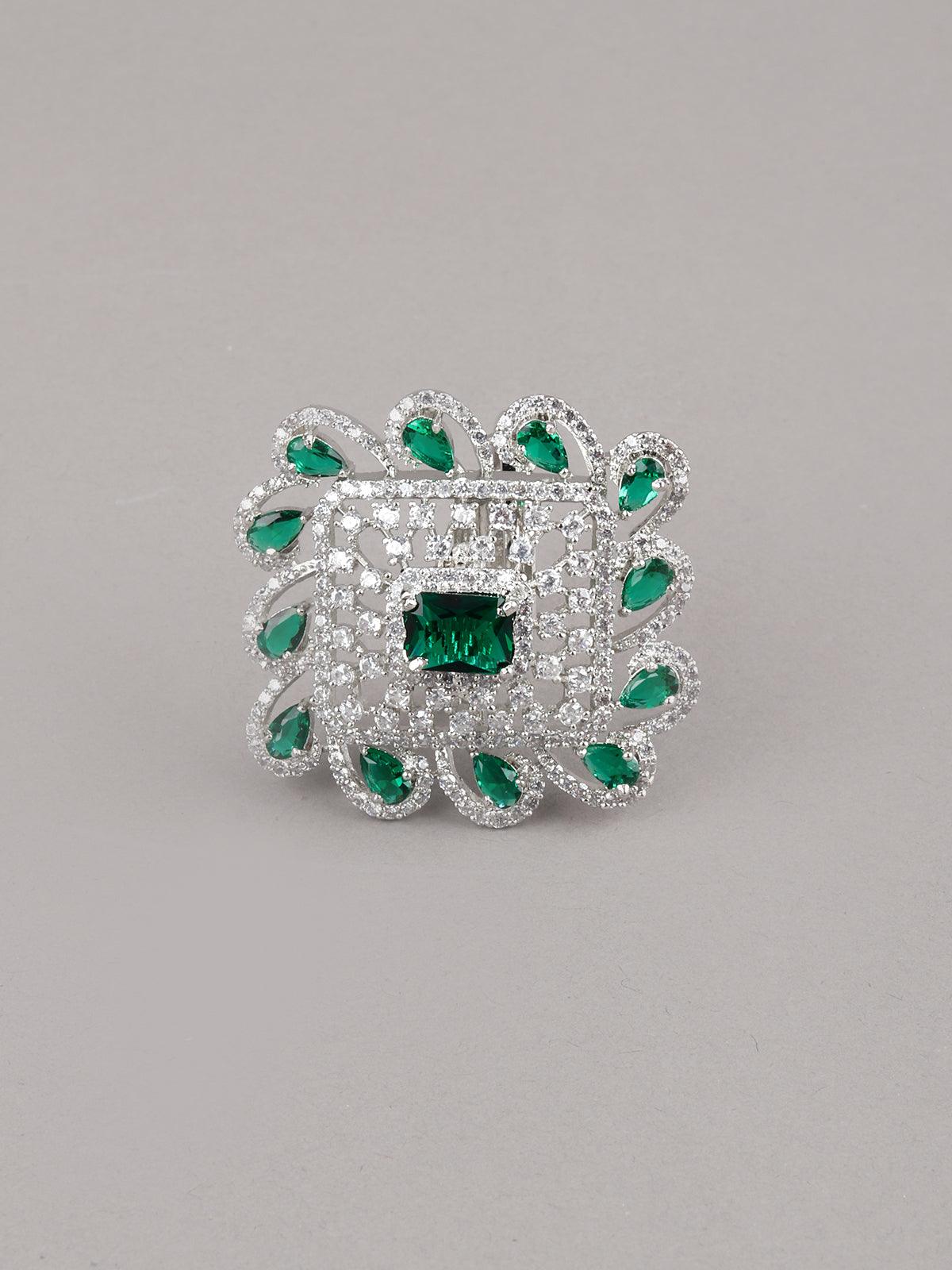 Emerald Crystalised Square Statement Ring - Rajwada