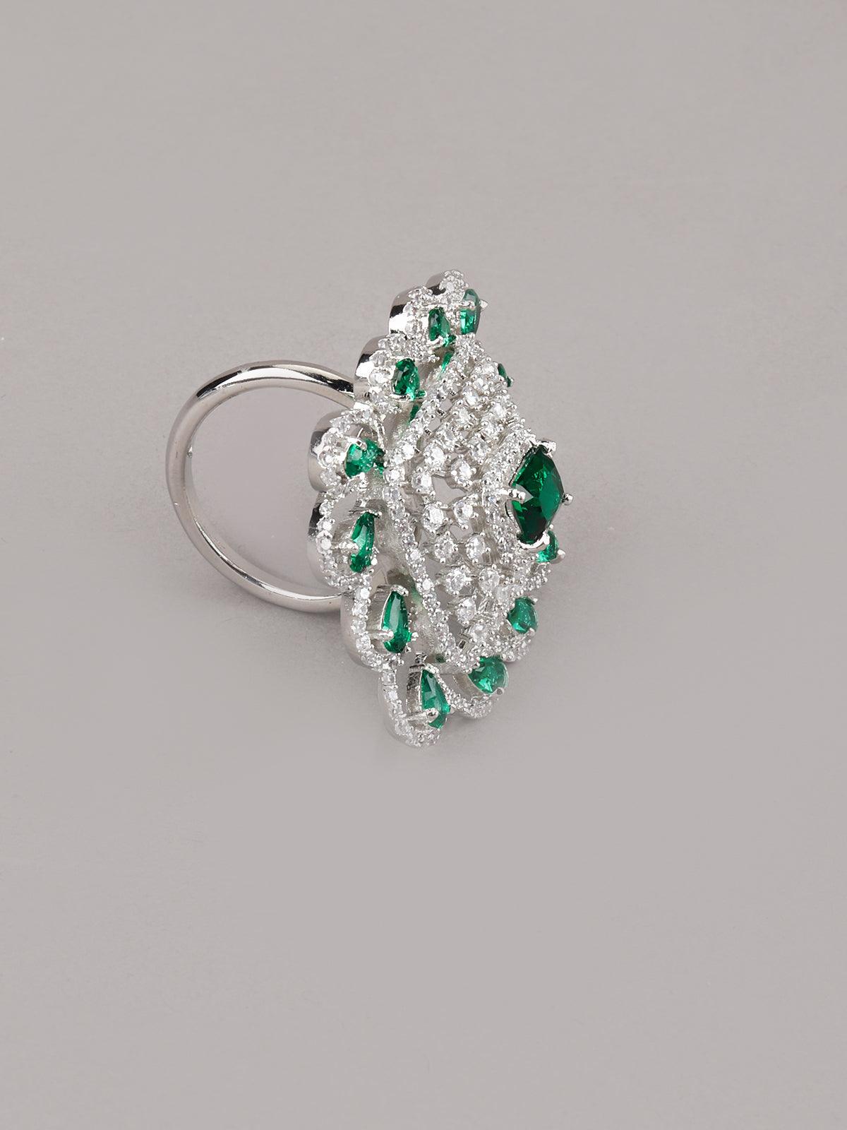 Emerald Crystalised Square Statement Ring - Rajwada