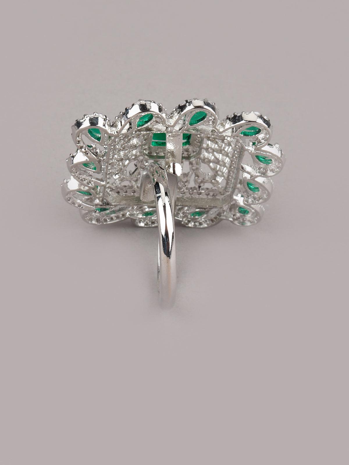Emerald Crystalised Square Statement Ring - Rajwada