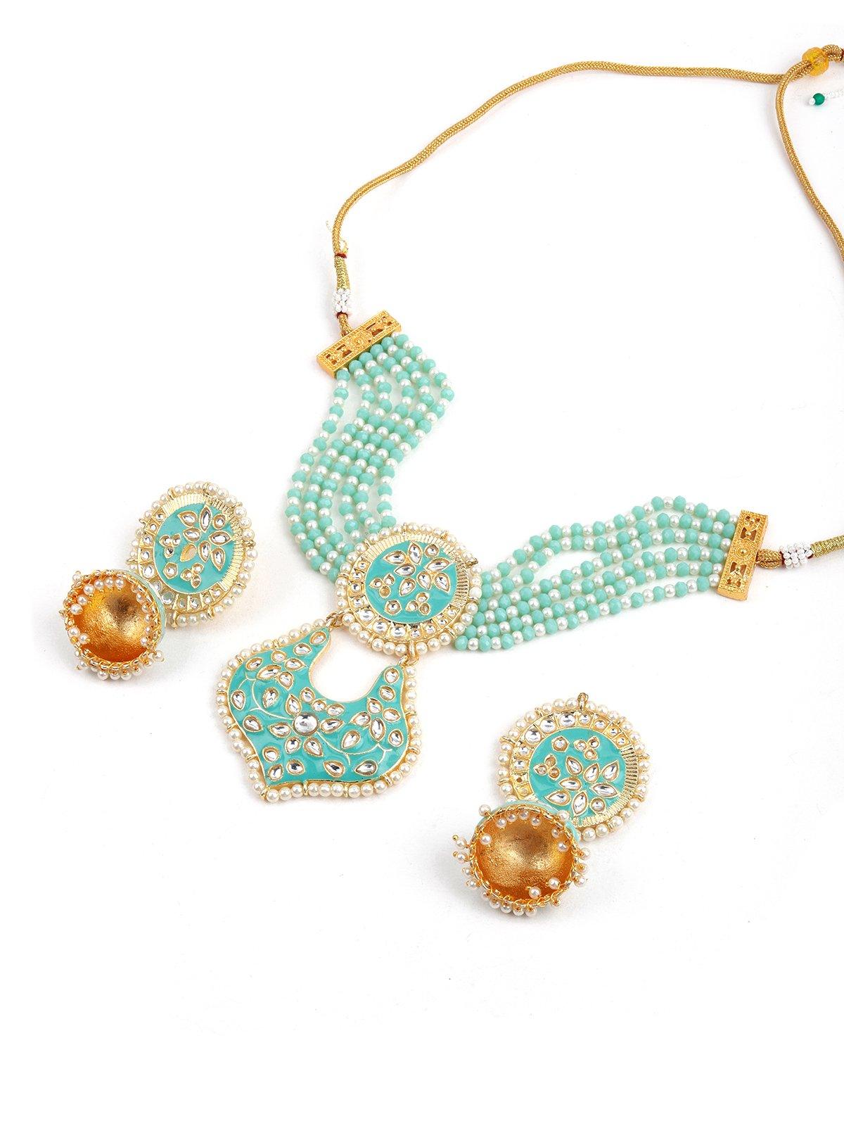 Enchanting Sea Green Necklace with Earrings - Rajwada