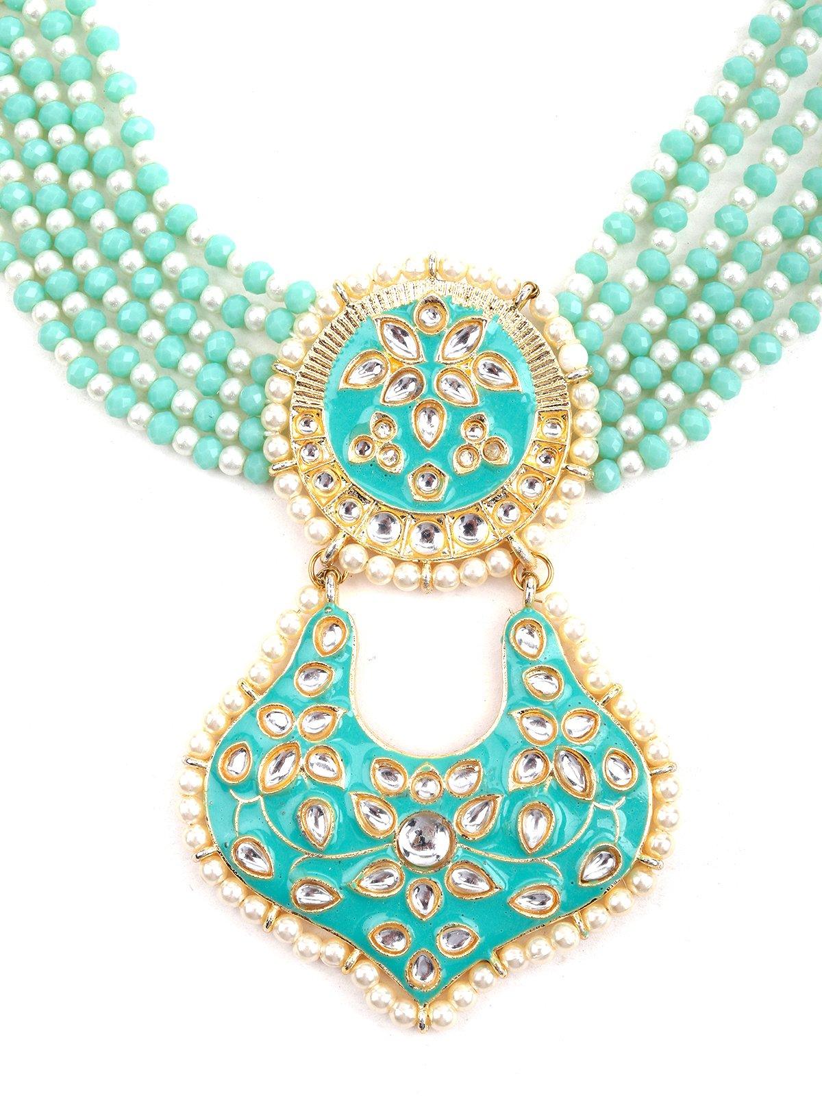 Enchanting Sea Green Necklace with Earrings - Rajwada