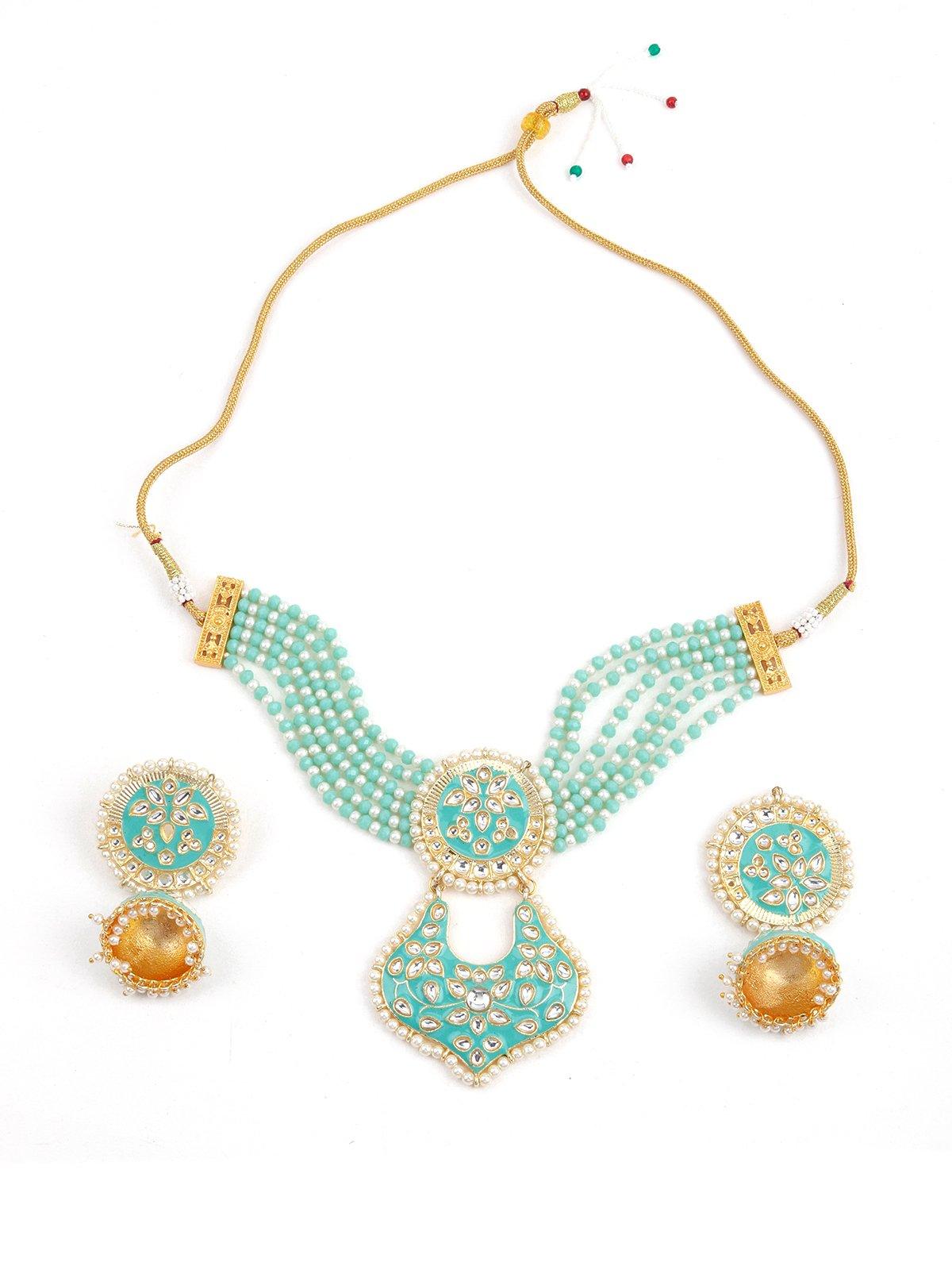 Enchanting Sea Green Necklace with Earrings - Rajwada